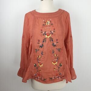 Umgee Rust Floral Embroidered Peasant Blouse Long Sleeve Lightweight Small